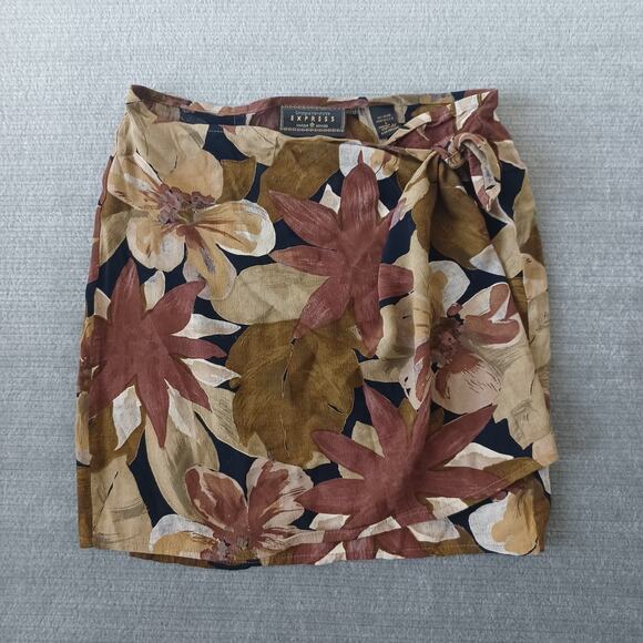 VTG Y2K Express Wrap Skirt Women L Brown Dark Floral Mini Femme Fairy Beach 90s - Picture 7 of 7